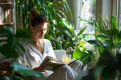 Femme se rafraîchissant chez elle sans climatiseur.