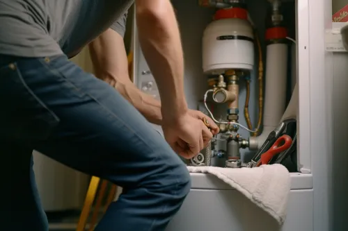 Technicien vérifiant l'entretien d'un chauffe-eau thermodynamique.