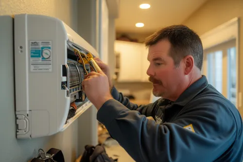 Technicien réparant un climatiseur cassette