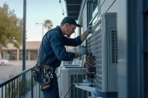 Un technicien fixe une unité extérieure de climatisation.