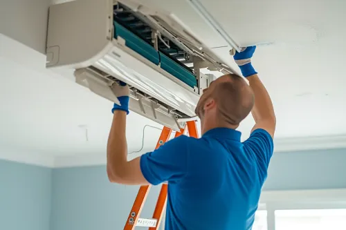 Technicien installant un climatiseur cassette au plafond.