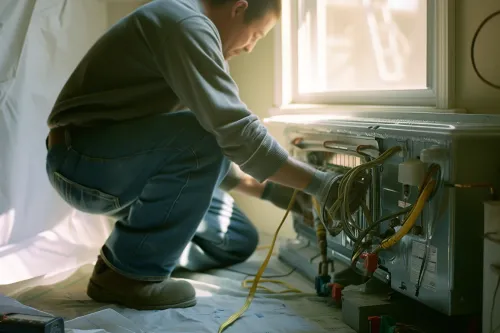 Technicien installant une pompe à chaleur murale en appartement.