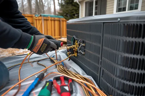 Technicien installant une PAC hybride.