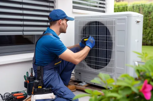 Technicien installant une climatisation réversible.