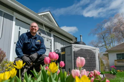 Technicien installant une pompe à chaleur extérieure.