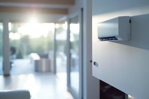 Technicien installant un système de climatisation Quadri-Split chez un particulier.