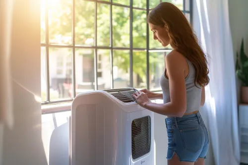 Un climatiseur mobile installé dans un salon.