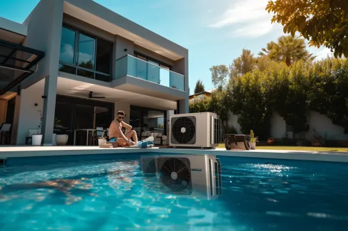 Technicien installant une pompe à chaleur pour piscine.