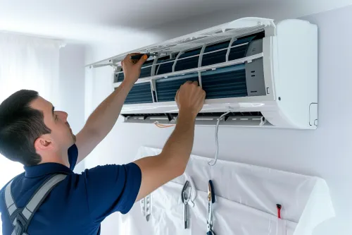 Technicien en train de poser une unité intérieure de climatiseur mural.