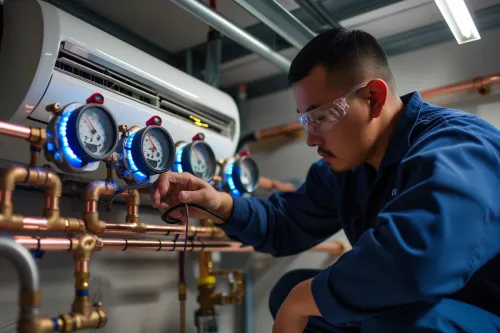 Technicien effectuant la mise en service d'une climatisation 6 zones.