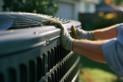 Technicien vérifiant un climatiseur gainable avant l'été.