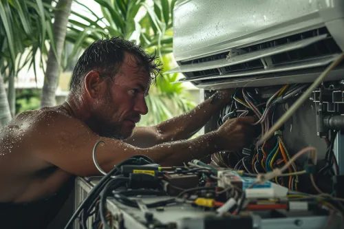 Un climatiseur portatif en panne, nécessitant l'intervention d'un réparateur professionnel.